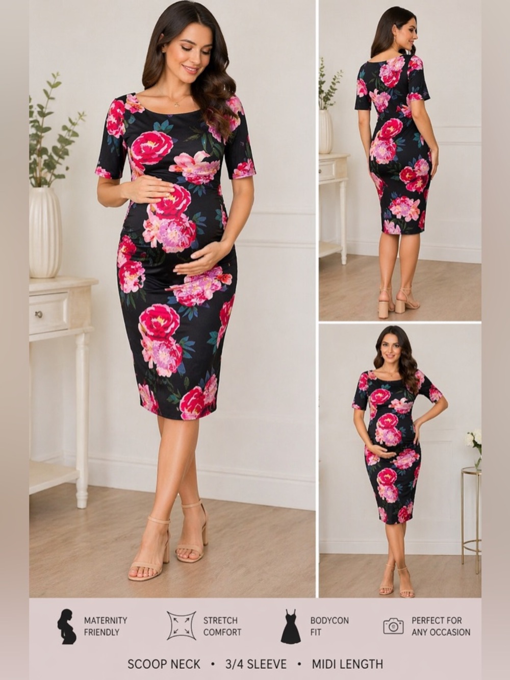 ASOS Maternity Floral Bodycon Midi Dress Size 4 Black Pink Rose Print Stretch - Picture 2 of 14